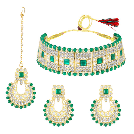Wedding & Festive Wear Green Kundan Choker Jewellery Set with Earrings & Maang Tikka