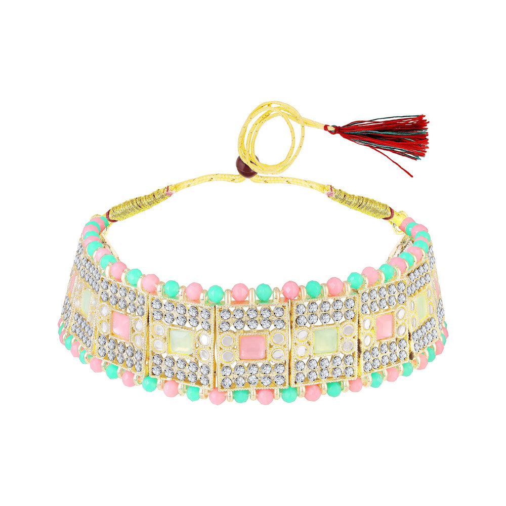Wedding & Festive Wear Multicolor Kundan Choker Jewellery Set with Earrings & Maang Tikka