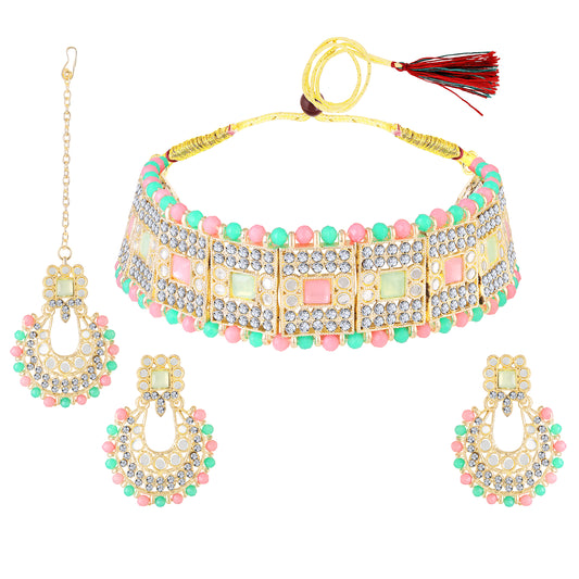 Wedding & Festive Wear Multicolor Kundan Choker Jewellery Set with Earrings & Maang Tikka
