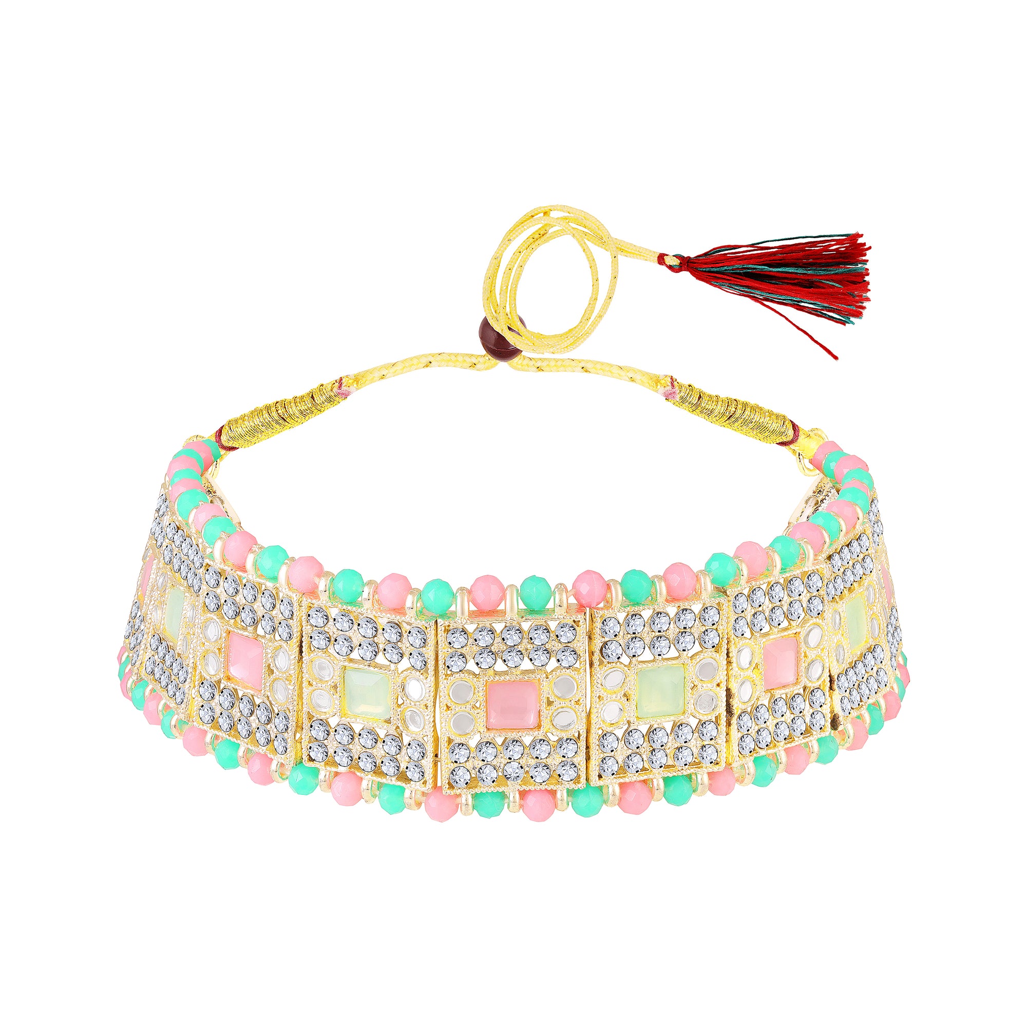 Wedding & Festive Wear Multicolor Kundan Choker Jewellery Set with Earrings & Maang Tikka