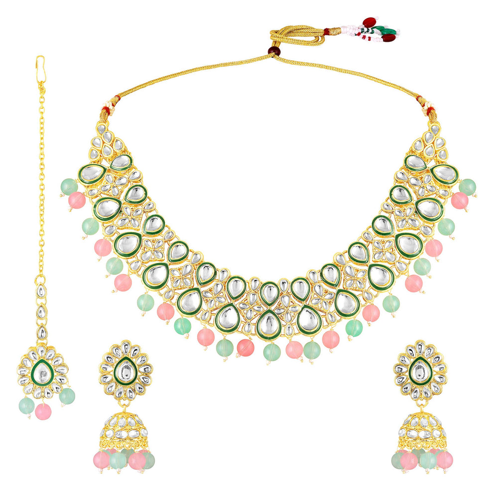 Wedding & Festive Wear Multicolor Kundan Choker Jewellery Set with Earrings & Maang Tikka