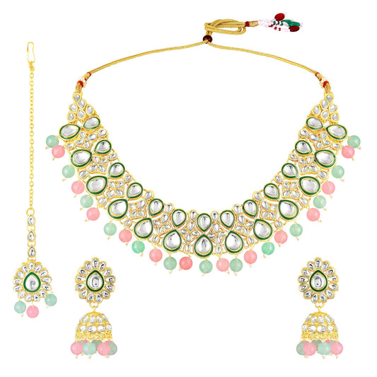Wedding & Festive Wear Multicolor Kundan Choker Jewellery Set with Earrings & Maang Tikka