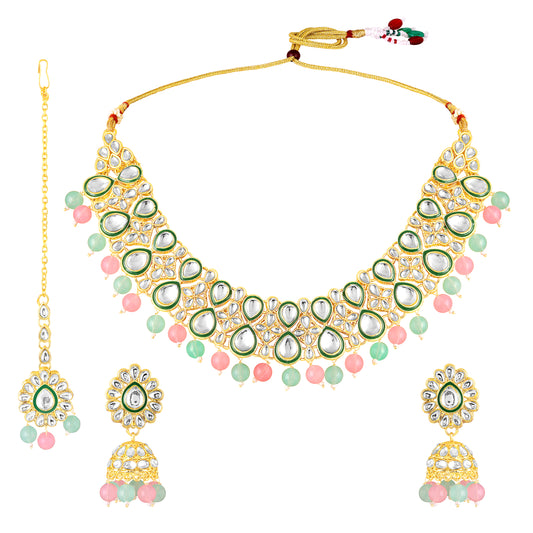 Wedding & Festive Wear Multicolor Kundan Choker Jewellery Set with Earrings & Maang Tikka
