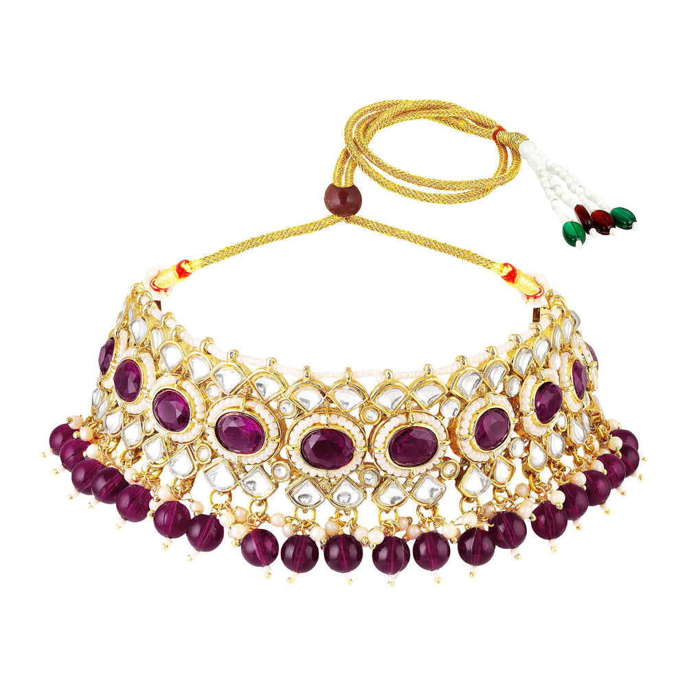 Mahi Traditional Purple & White Kundan, Glass Beads Choker Jewellery Set with Earrings & Maang Tikka Jewellery Set  for Women | Bridal & Wedding Necklace Set (NL1108150GPur)