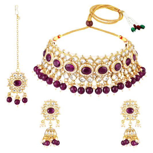 Mahi Traditional Purple & White Kundan, Glass Beads Choker Jewellery Set with Earrings & Maang Tikka Jewellery Set  for Women | Bridal & Wedding Necklace Set (NL1108150GPur)