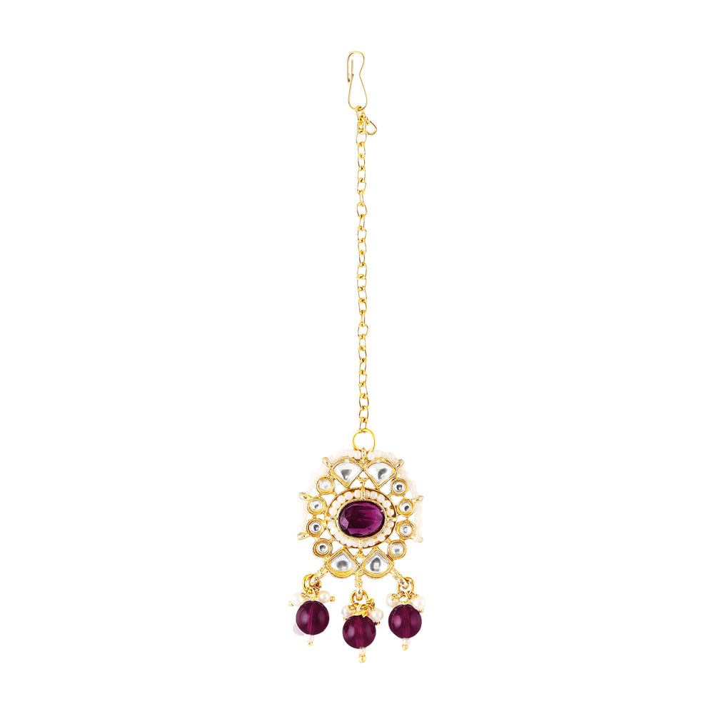 Mahi Traditional Purple & White Kundan, Glass Beads Choker Jewellery Set with Earrings & Maang Tikka Jewellery Set  for Women | Bridal & Wedding Necklace Set (NL1108150GPur)