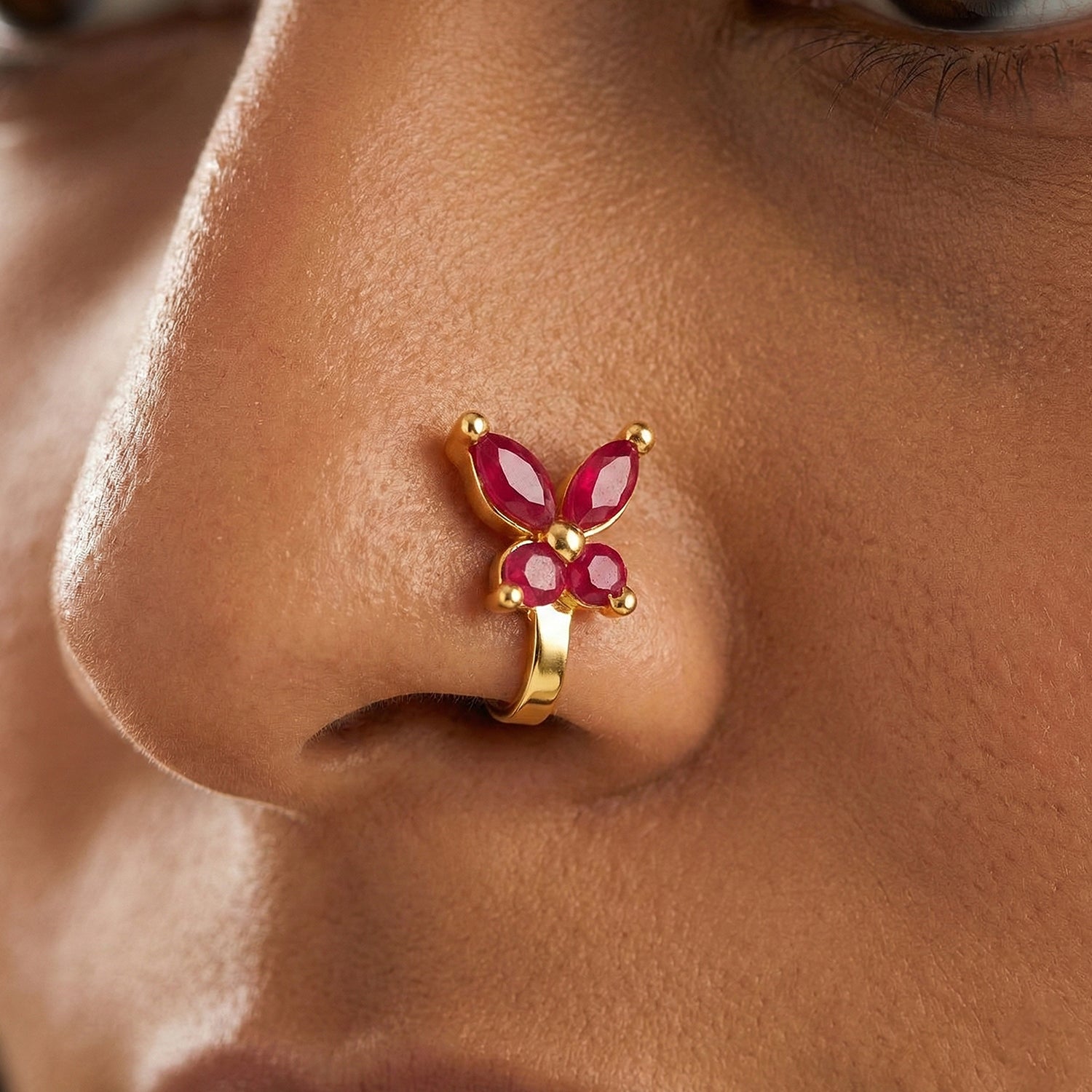 Red Ruby Floral Non-Piercing Adjustable Nose Ring