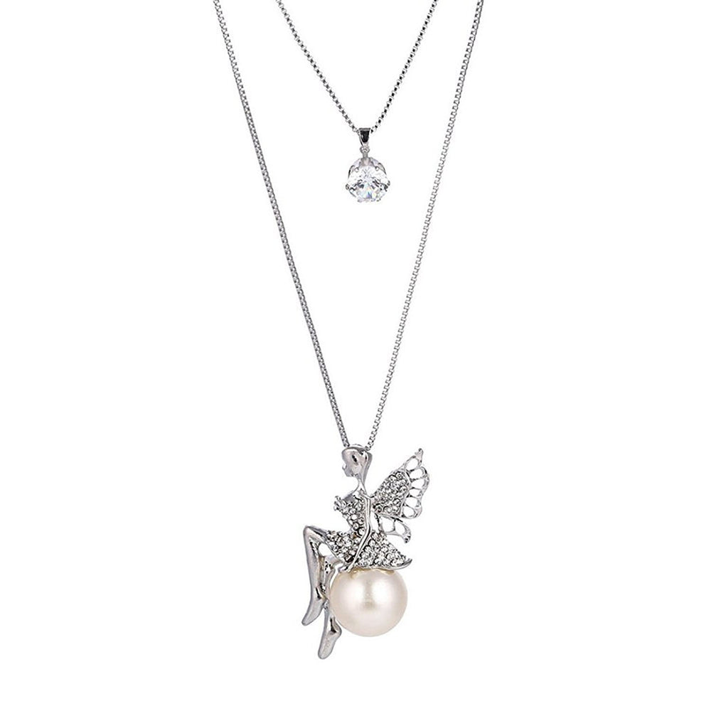 Valentine Gift Fashion Long Chain Angel Wings Pendent with Artificial Pearl