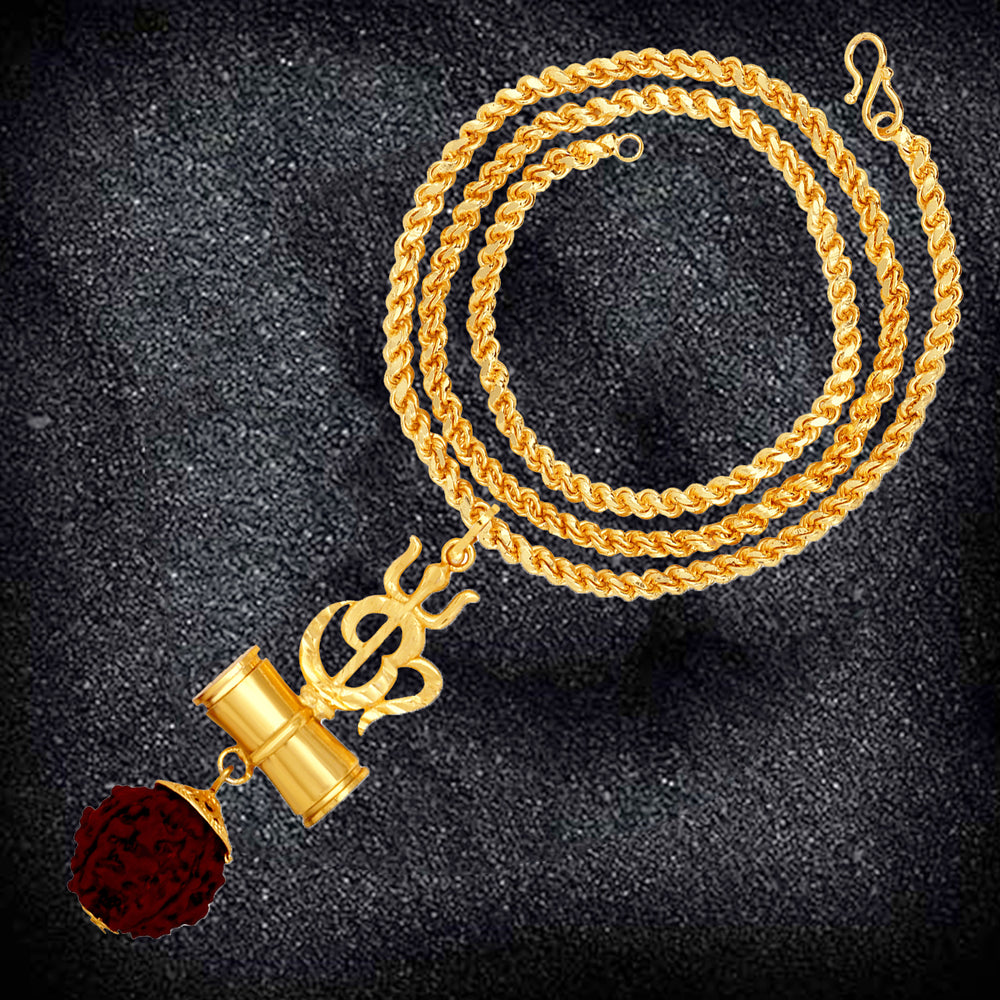 OM Trishul and Shiva Damru Pendant with 20 Inch Rope Chain