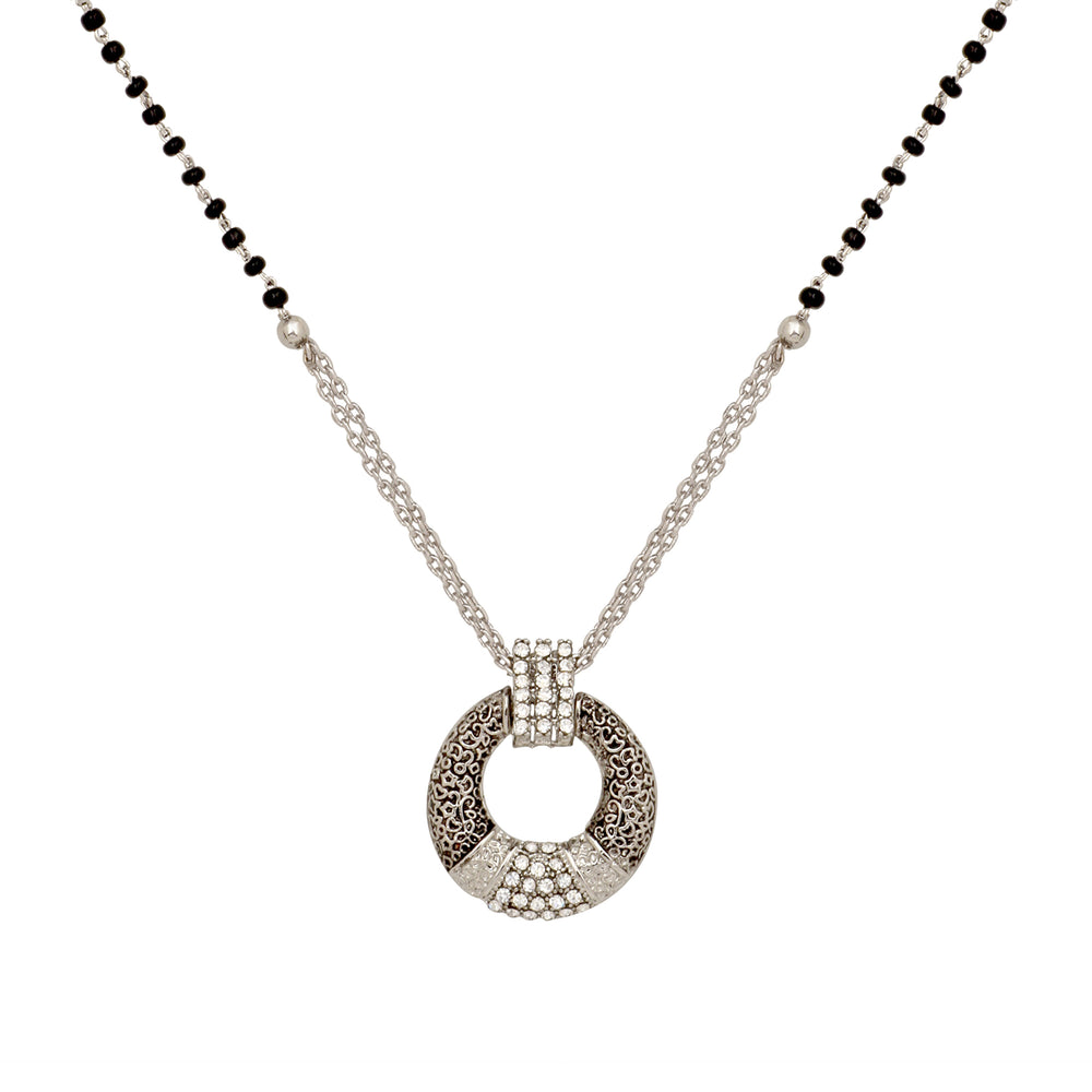 Silver Oxidized Round Crystal Mangalsutra Pendant