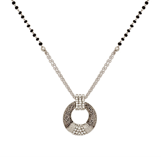 Silver Oxidized Round Crystal Mangalsutra Pendant