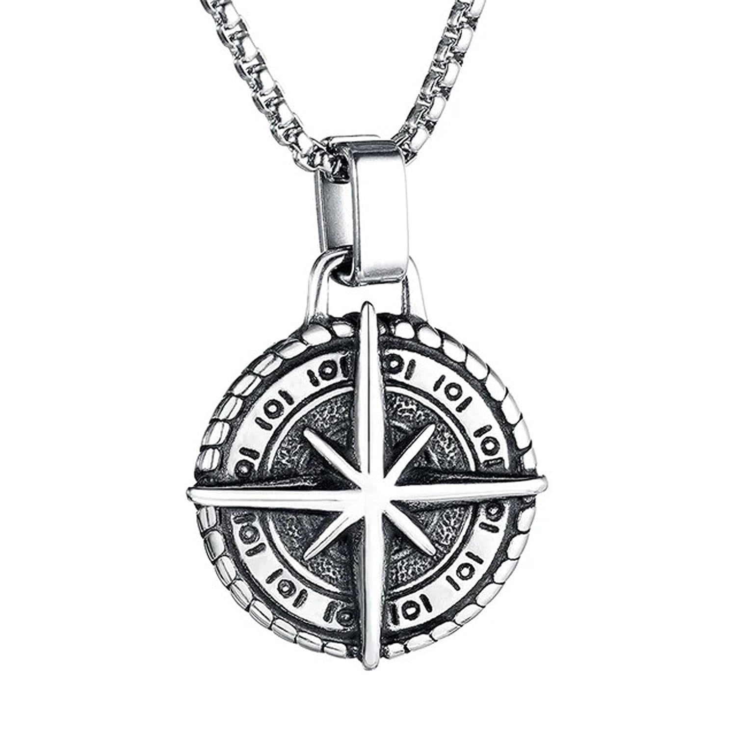 Oxidised Round Pendant Cross Compass Necklace Chain