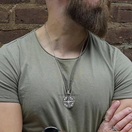 Oxidised Round Pendant Cross Compass Necklace Chain