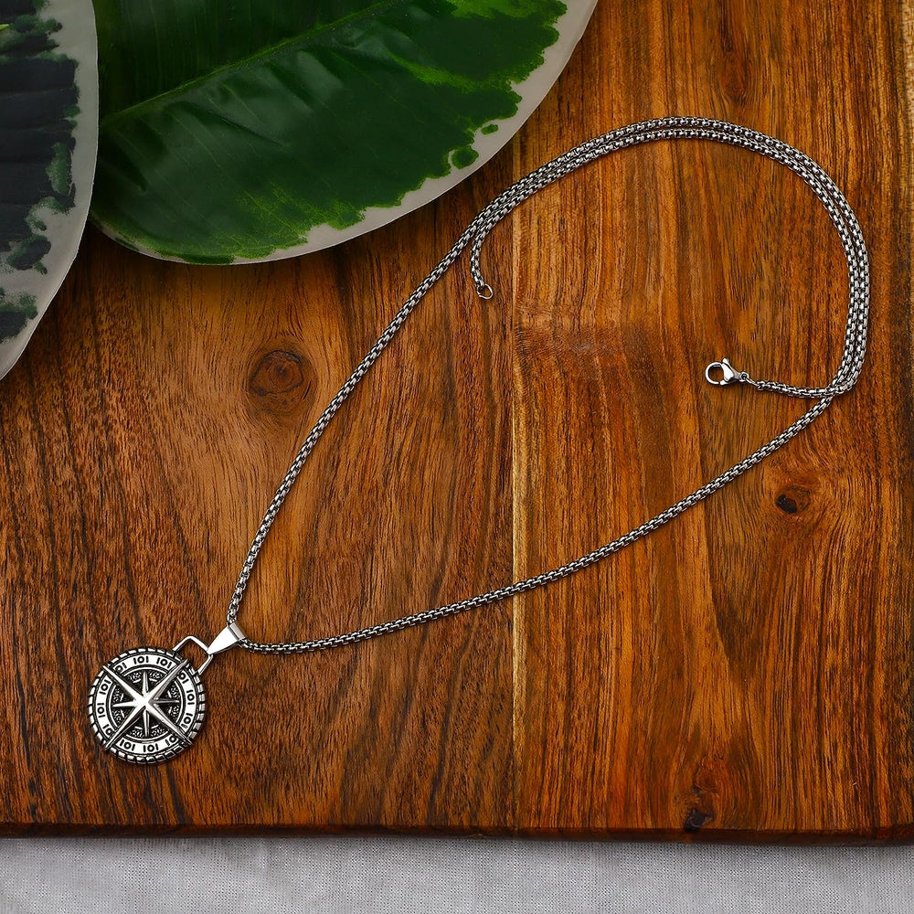 Oxidised Round Pendant Cross Compass Necklace Chain