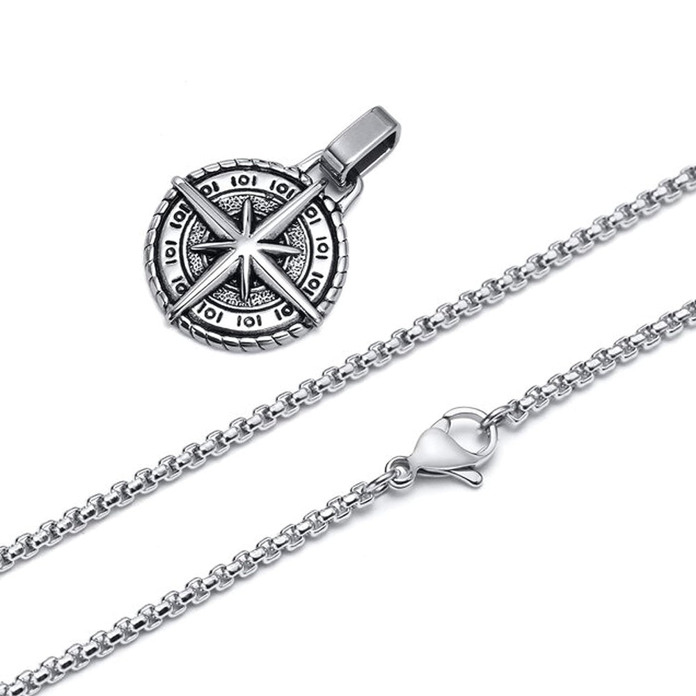 Oxidised Round Pendant Cross Compass Necklace Chain