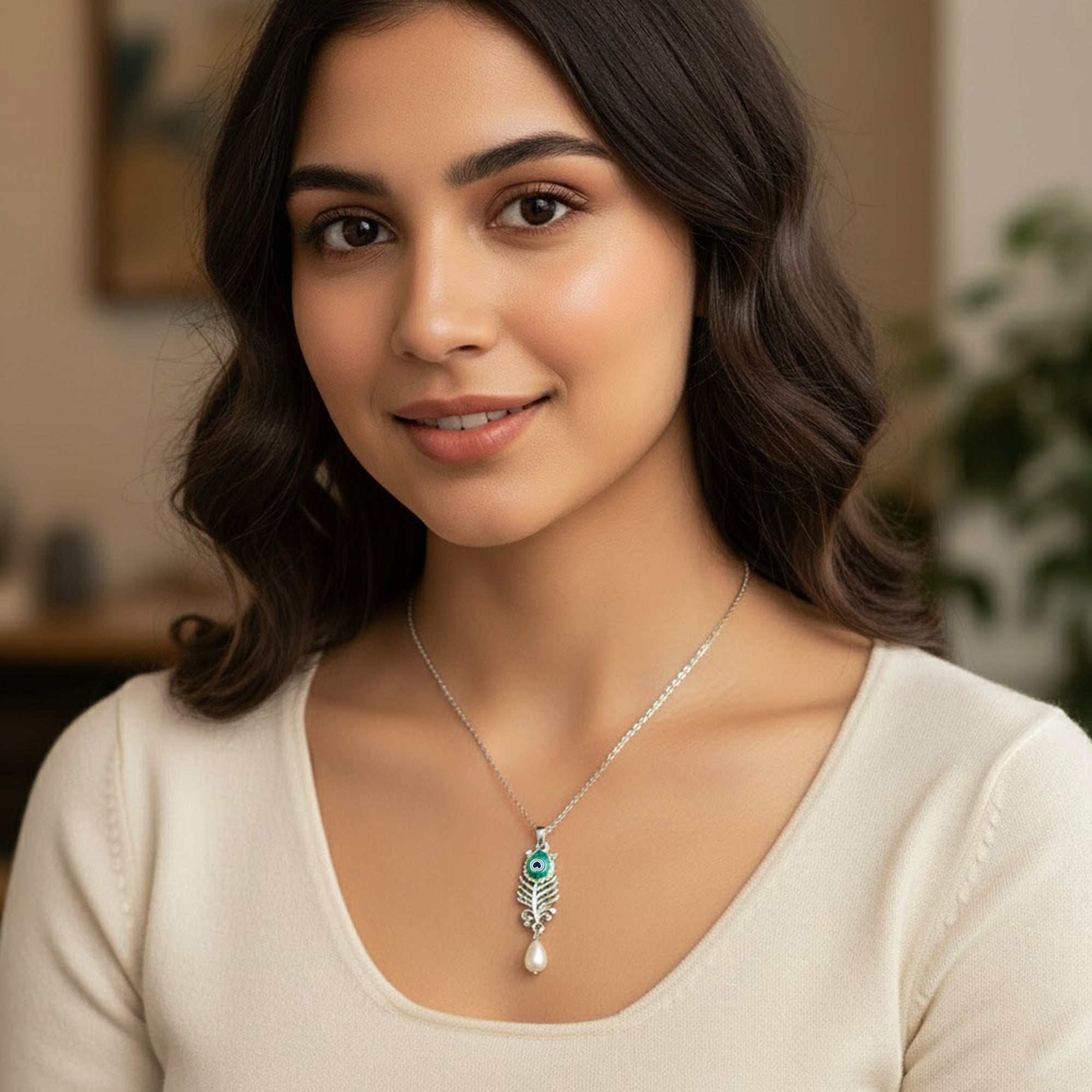 Peacock-Feather-Shaped Meenakari Work Pendant Necklace