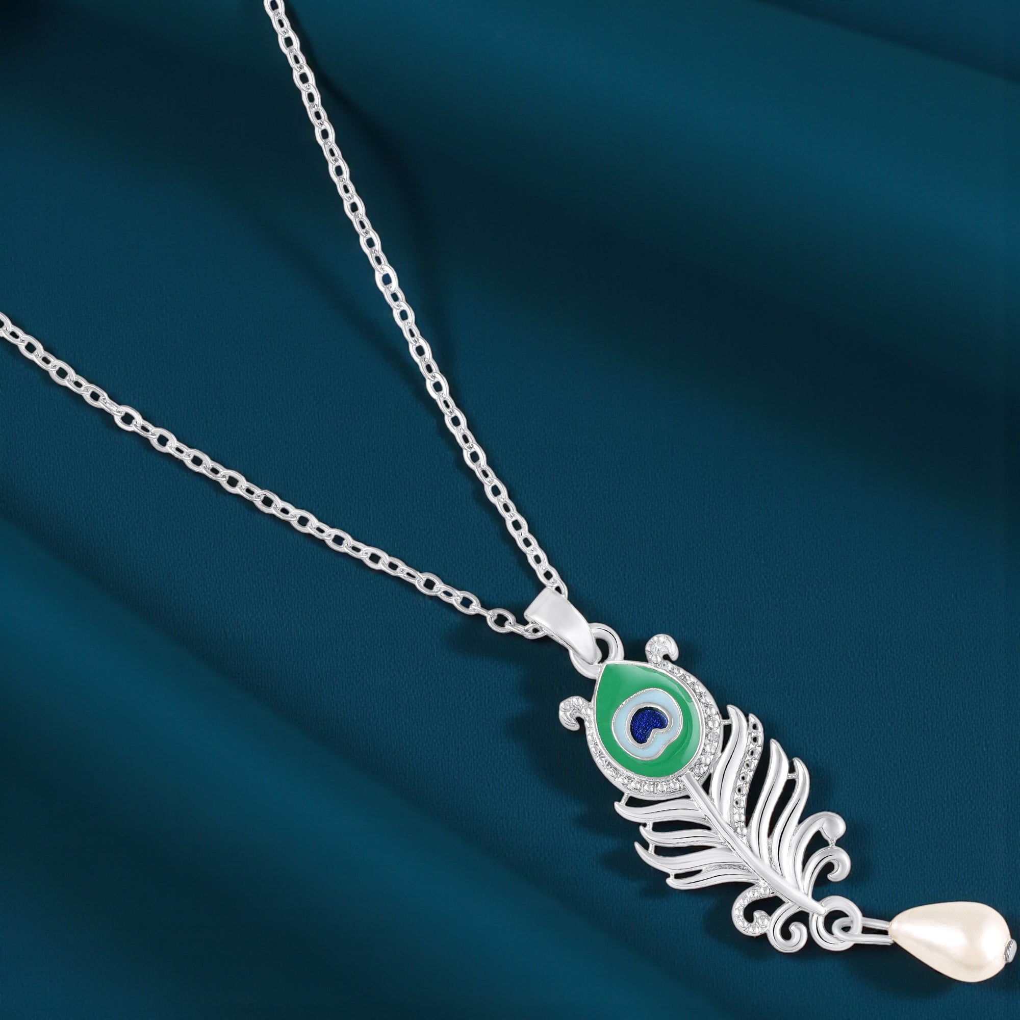 Peacock-Feather-Shaped Meenakari Work Pendant Necklace