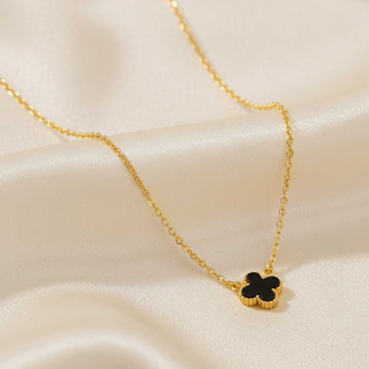 Black Clover Pendant Necklace with Gold Tone