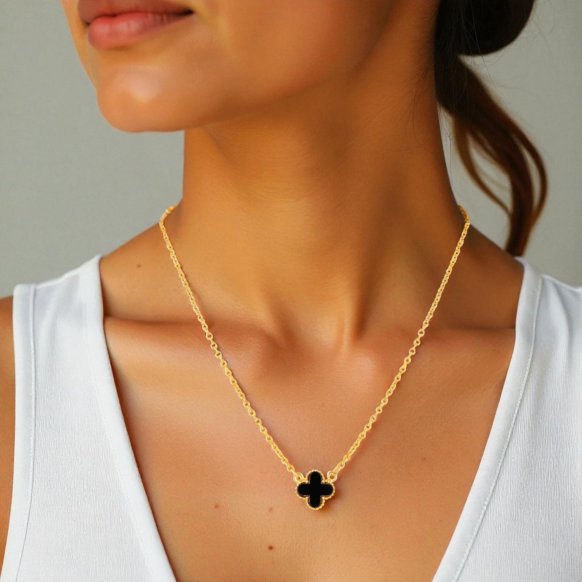Black Clover Pendant Necklace with Gold Tone