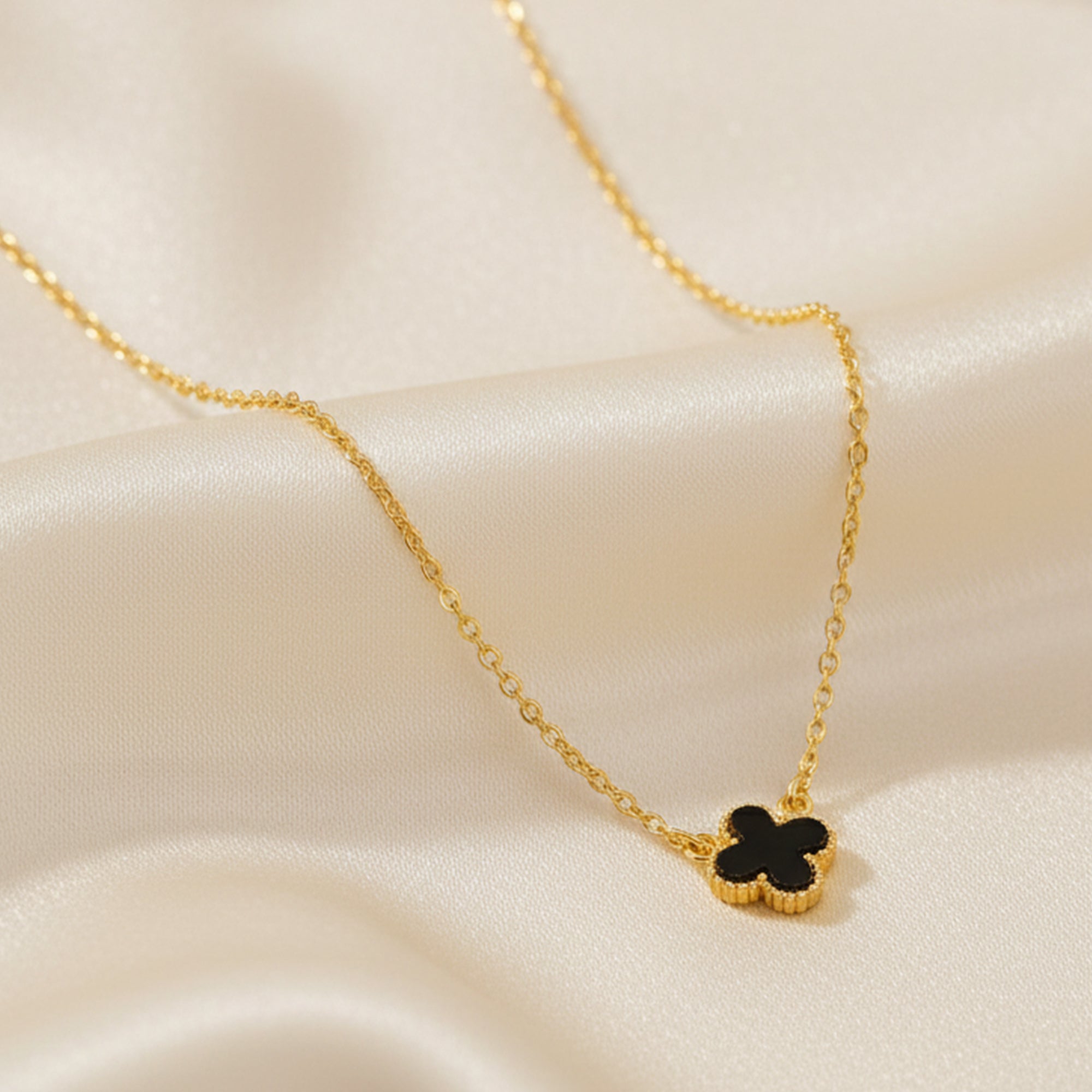 Black Clover Pendant Necklace with Gold Tone