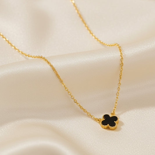 Black Clover Pendant Necklace with Gold Tone