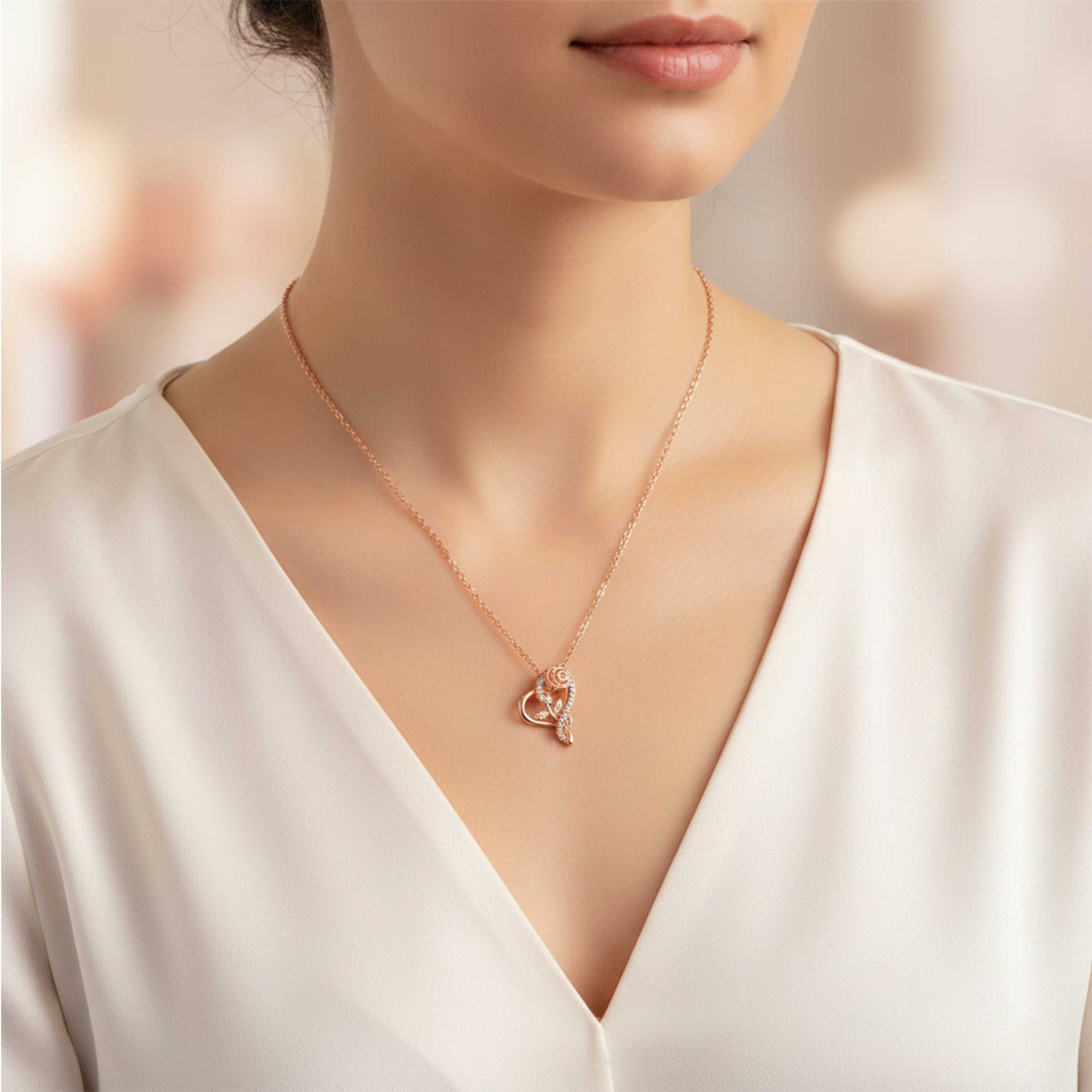Rose & Heart Shaped Sparkling White Crystals Pendant