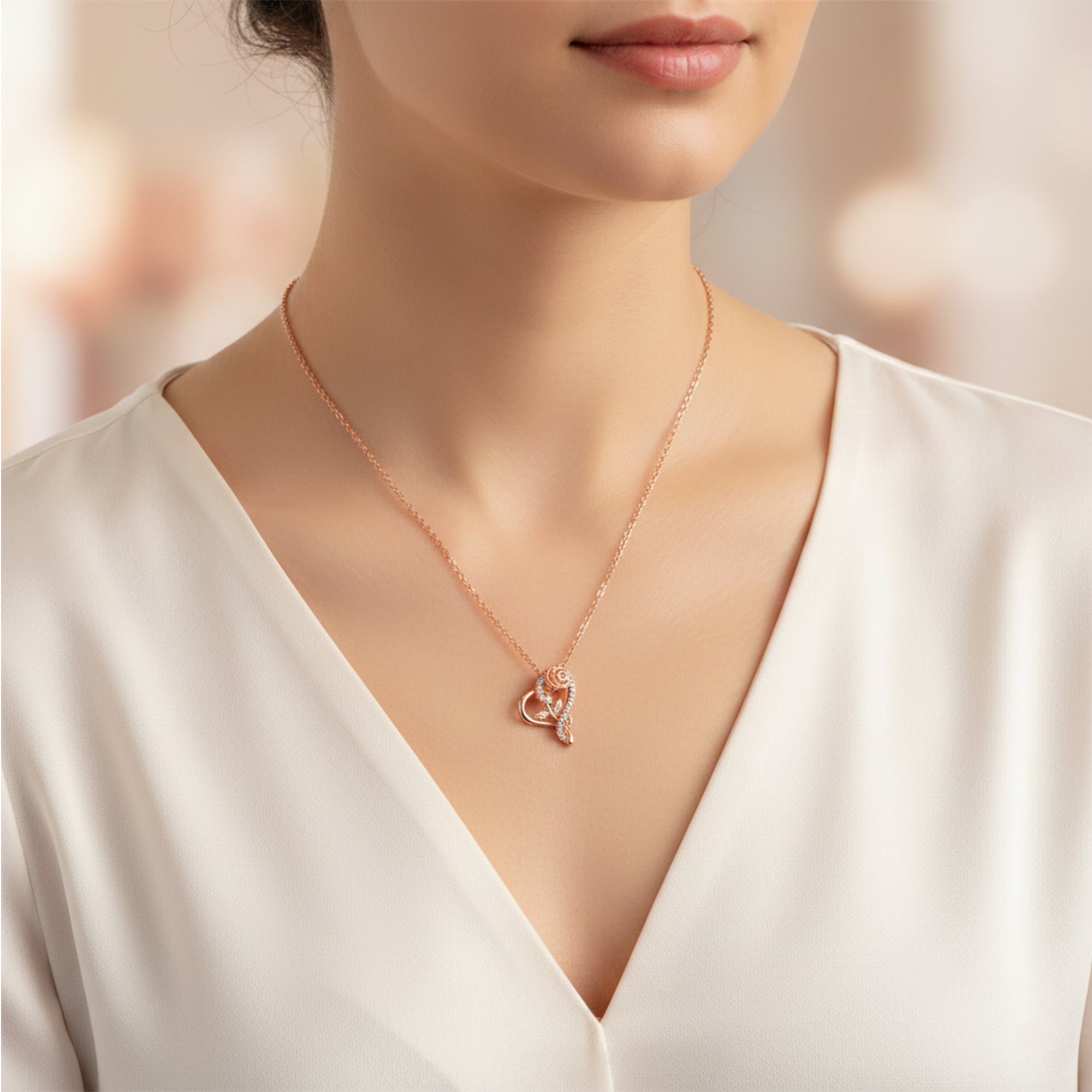 Rose & Heart Shaped Sparkling White Crystals Pendant