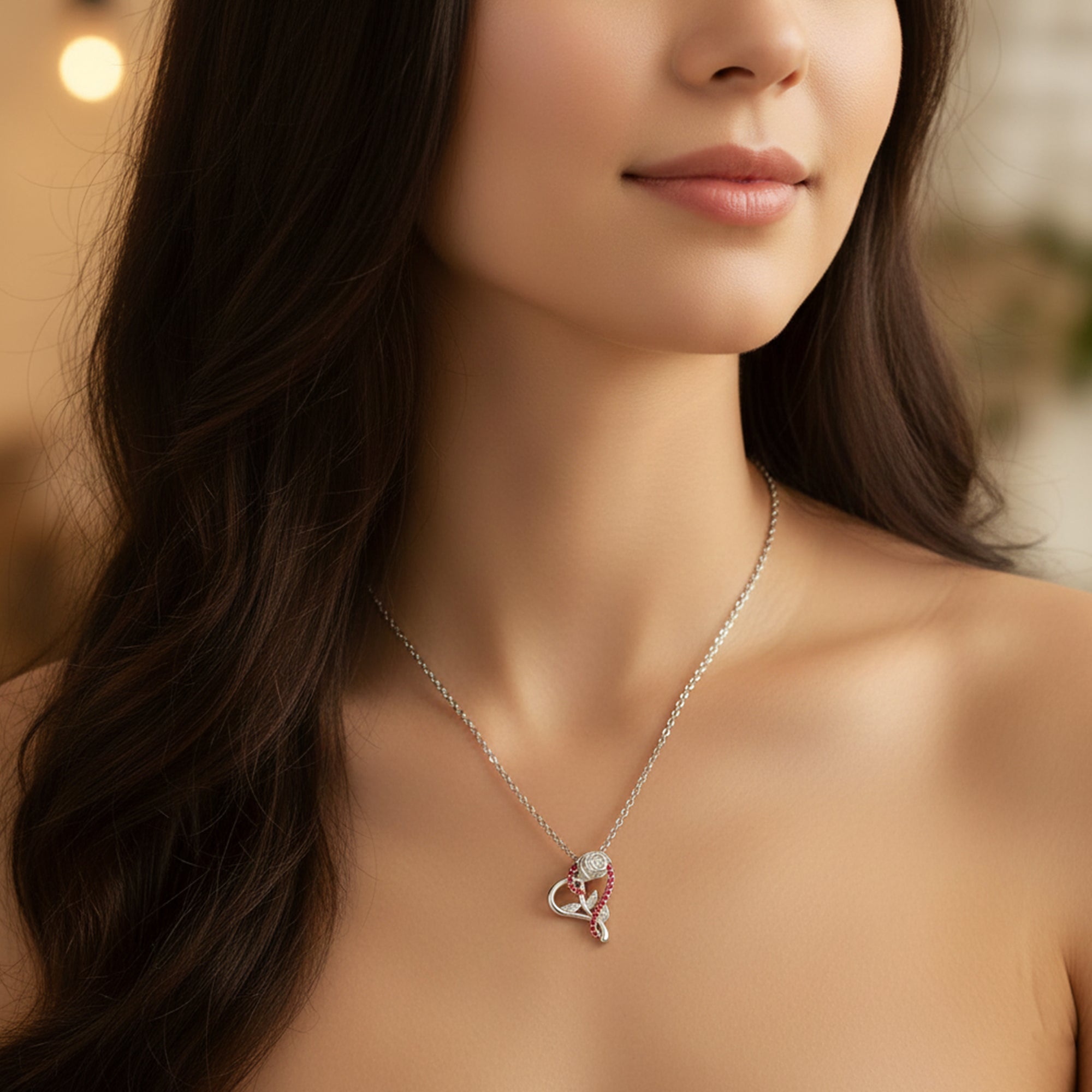 Rose & Heart Shaped Sparkling White Crystals Pendant