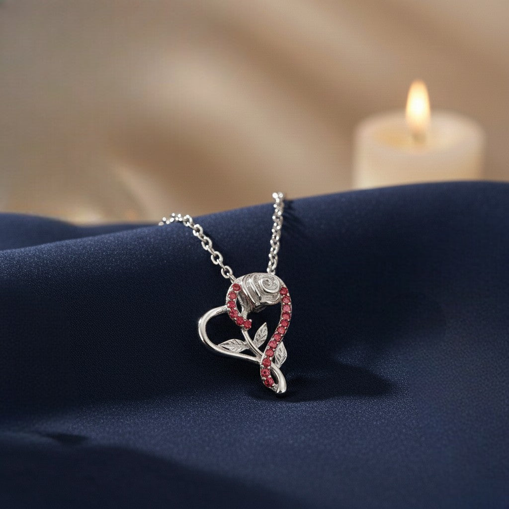 Rose & Heart Shaped Sparkling White Crystals Pendant