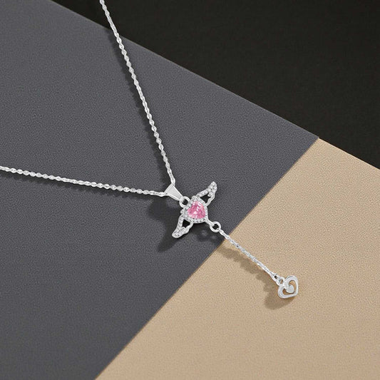 Winged Heart Pink Crystal Stone Lariat Pendant Necklace