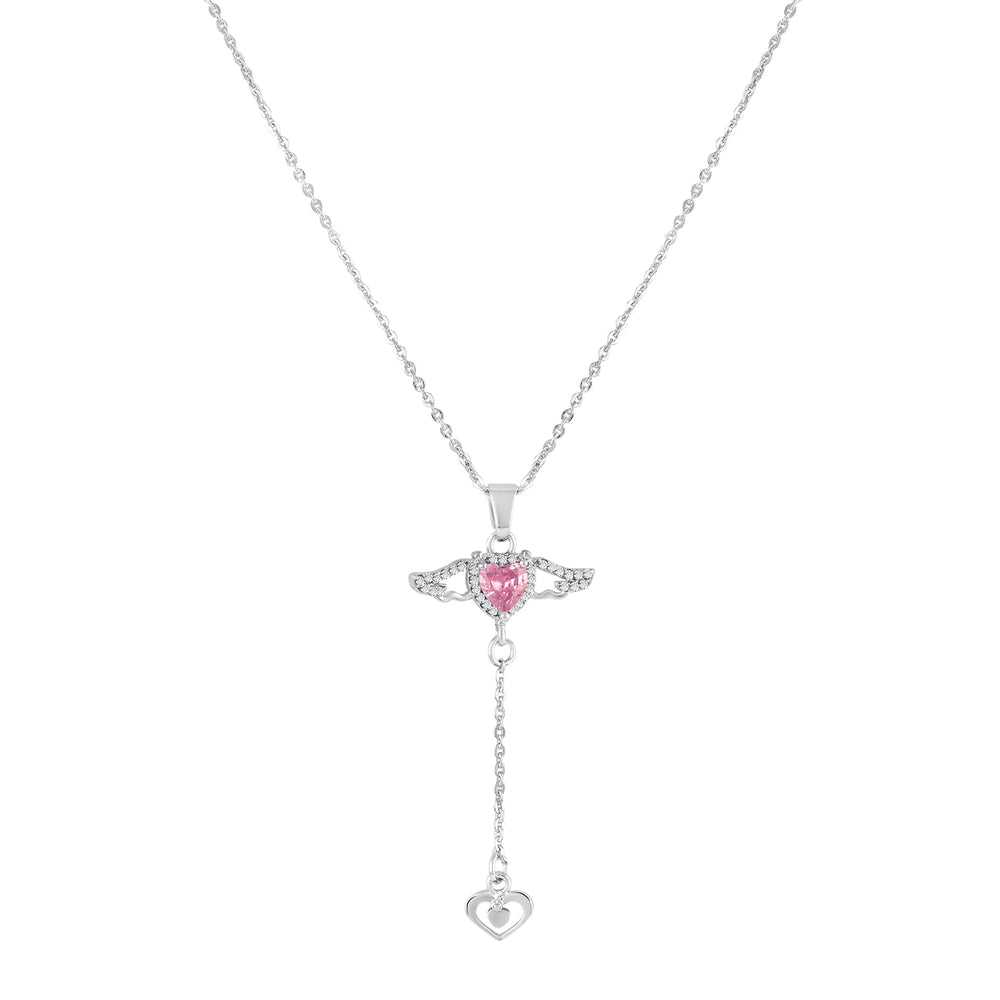 Winged Heart Pink Crystal Stone Lariat Pendant Necklace