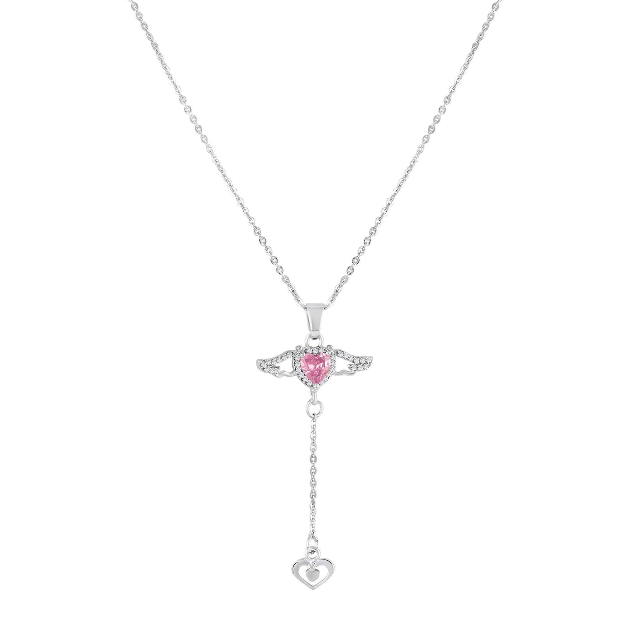 Winged Heart Pink Crystal Stone Lariat Pendant Necklace
