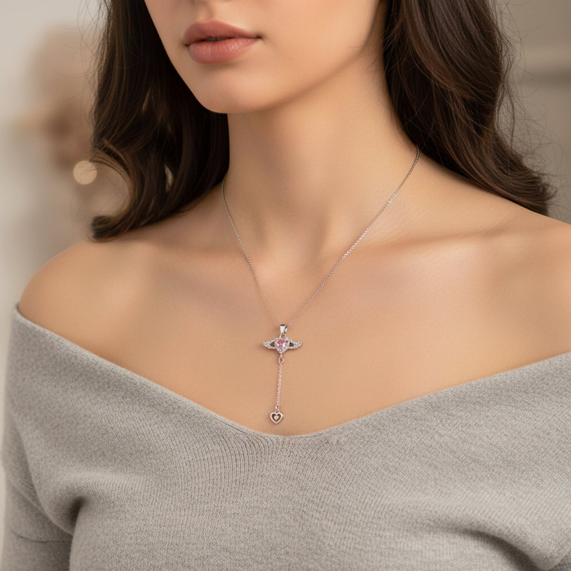 Winged Heart Pink Crystal Stone Lariat Pendant Necklace