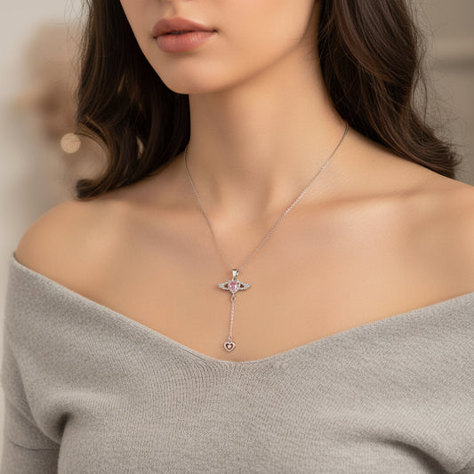 Winged Heart Pink Crystal Stone Lariat Pendant Necklace