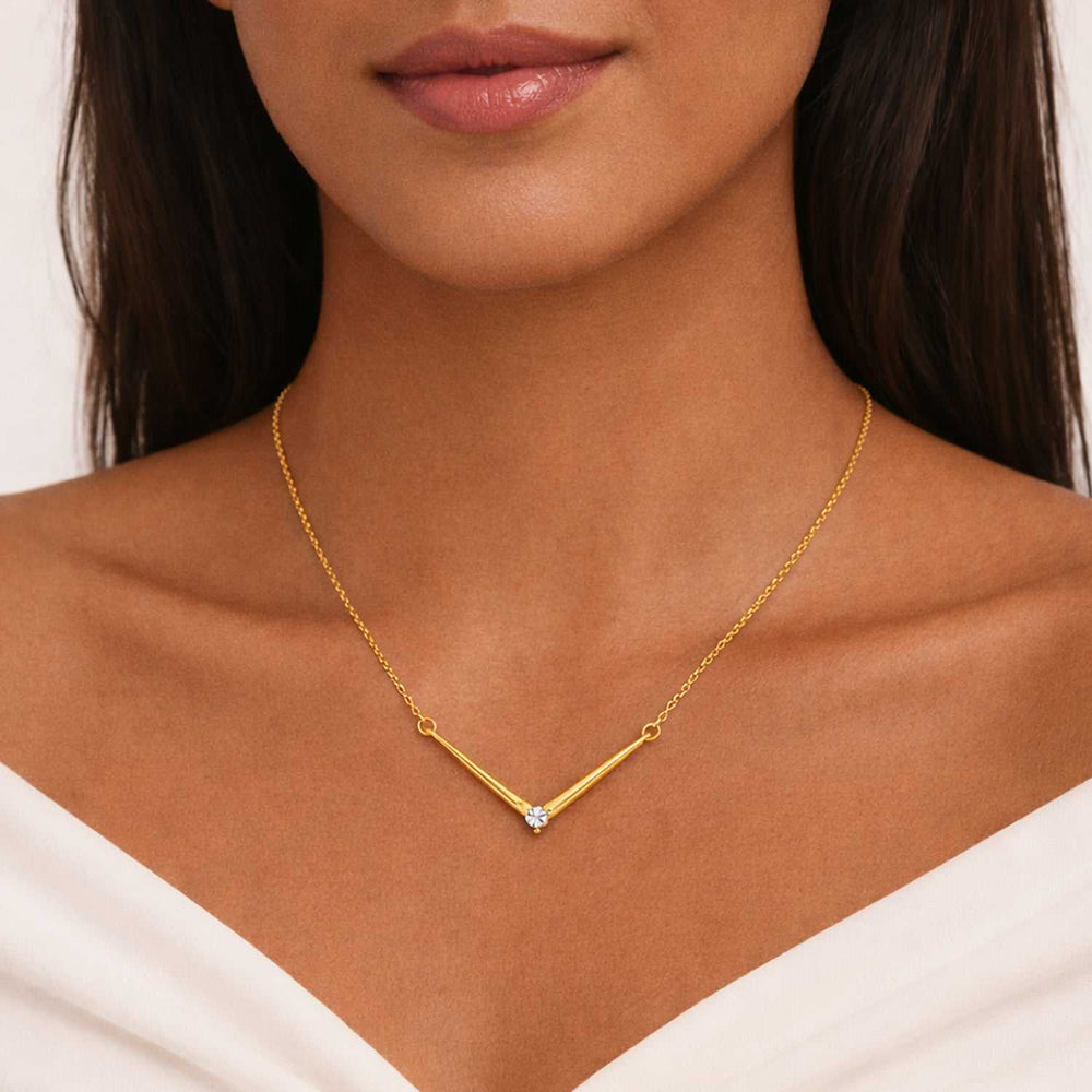 Minimalist V-Shape Pendant Necklace with White And Pink Crystal