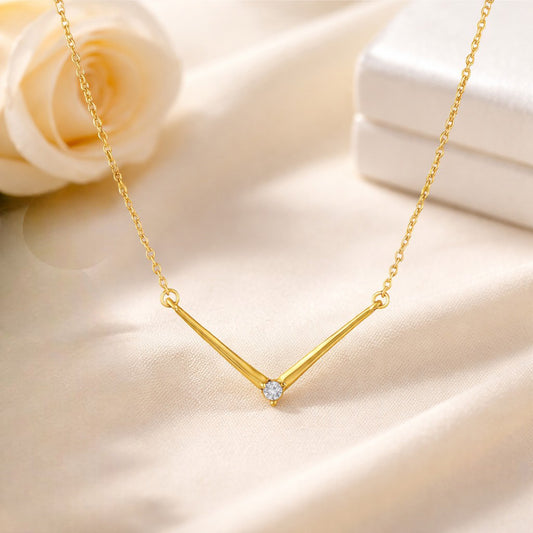 Minimalist V-Shape Pendant Necklace with White And Pink Crystal