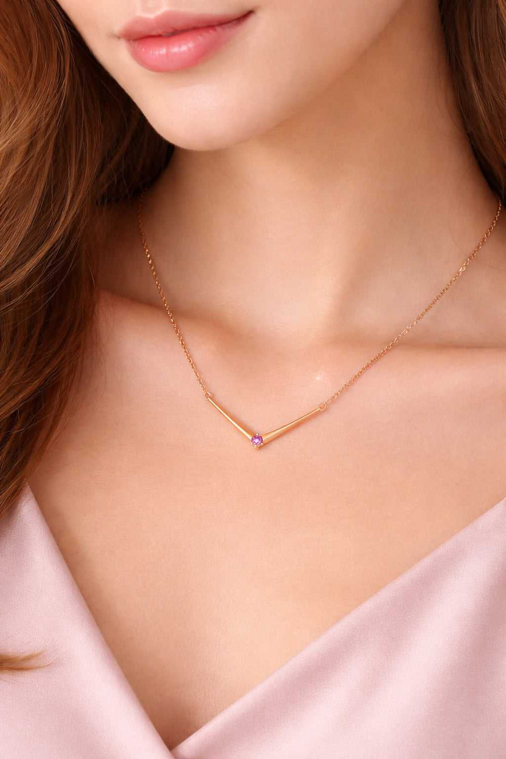 Minimalist V-Shape Pendant Necklace with White And Pink Crystal