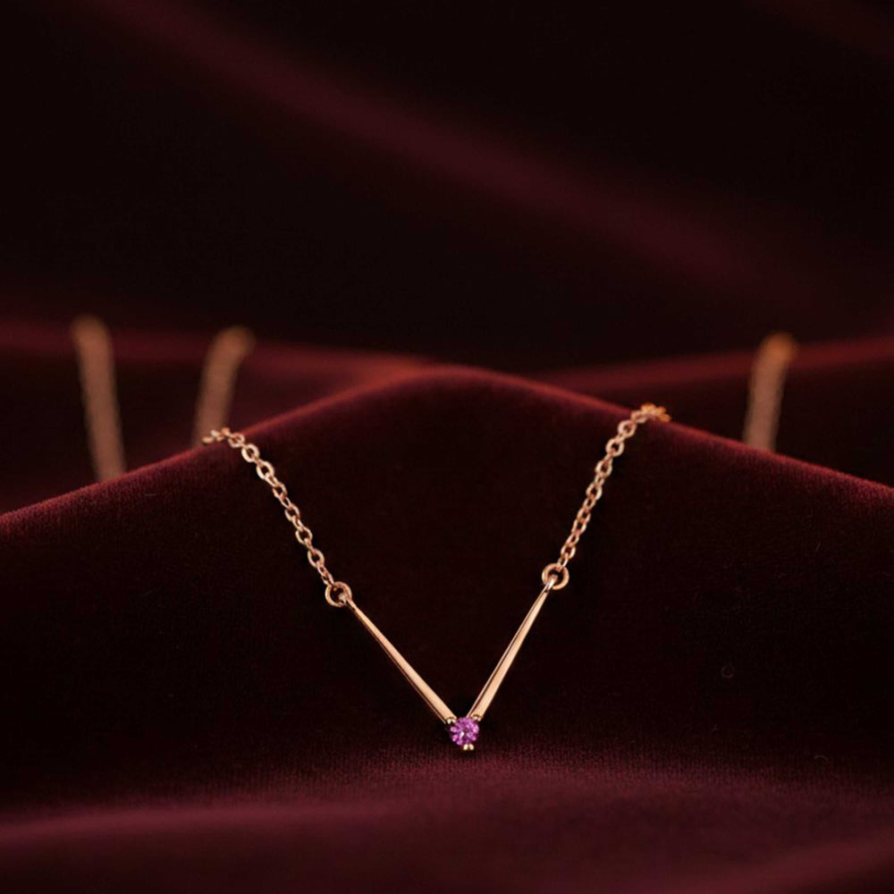 Minimalist V-Shape Pendant Necklace with White And Pink Crystal