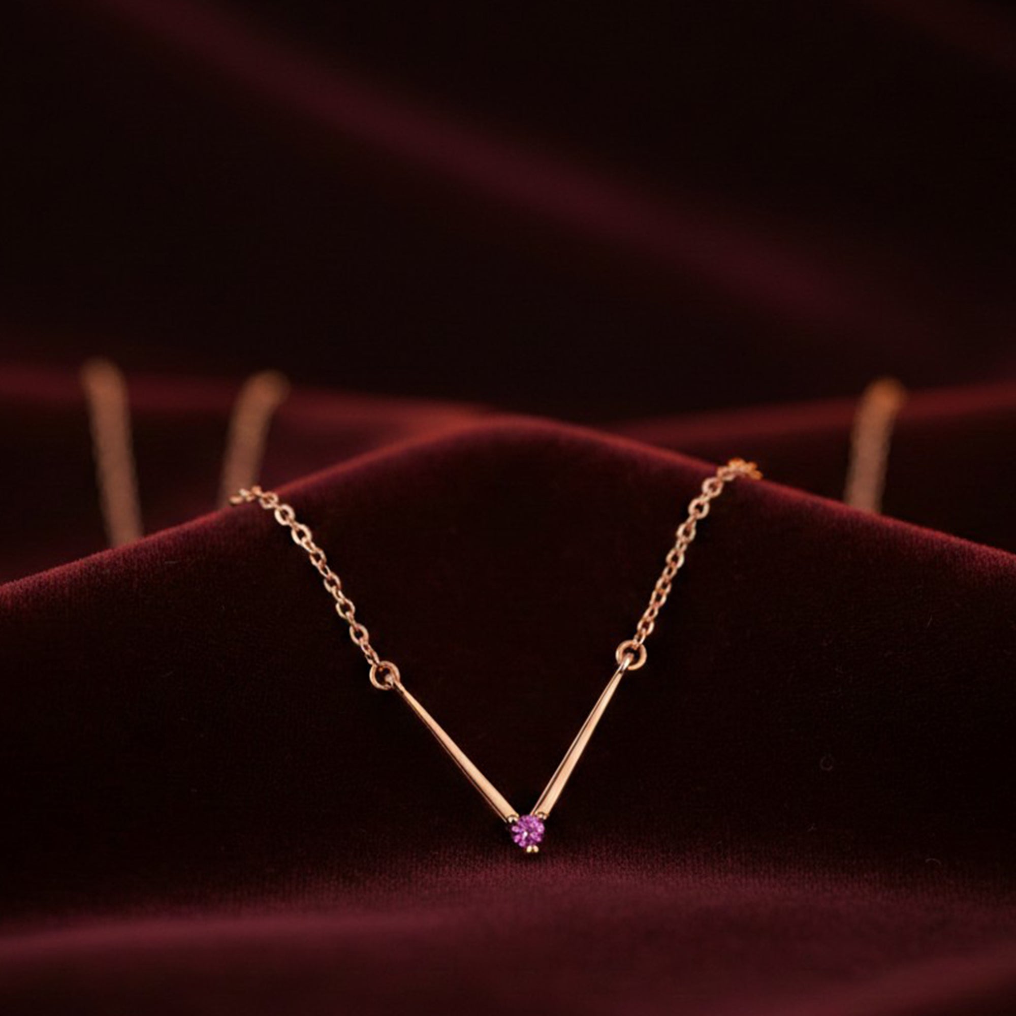 Minimalist V-Shape Pendant Necklace with White And Pink Crystal