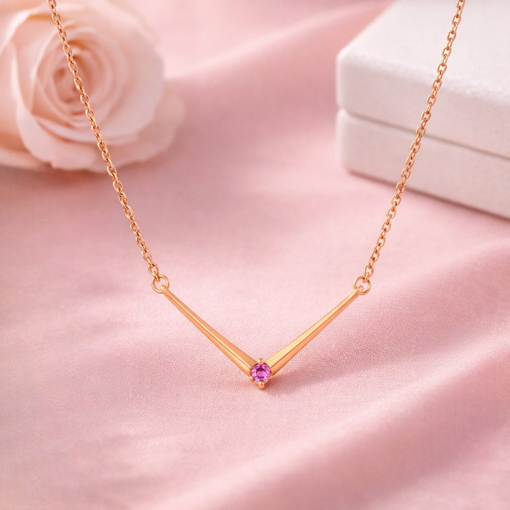Minimalist V-Shape Pendant Necklace with White And Pink Crystal