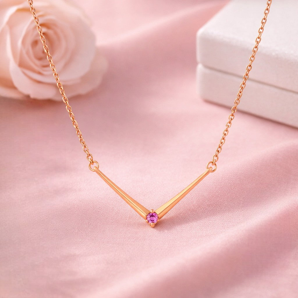Minimalist V-Shape Pendant Necklace with White And Pink Crystal