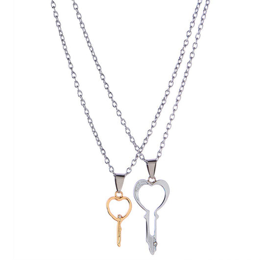 Gold and Silver Color Heart Key Shaped Couple Pendant Necklaces