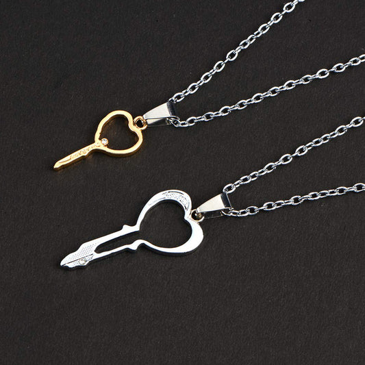 Gold and Silver Color Heart Key Shaped Couple Pendant Necklaces