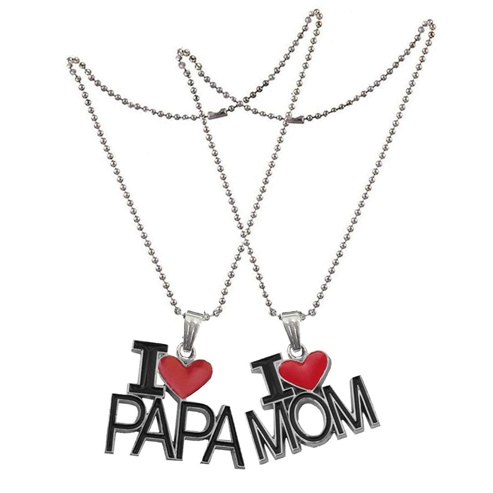 I Love Mom'' & ''I Love Dad'' Letter Heart Meena Enamelled Pendant Combo with Ball Chain
