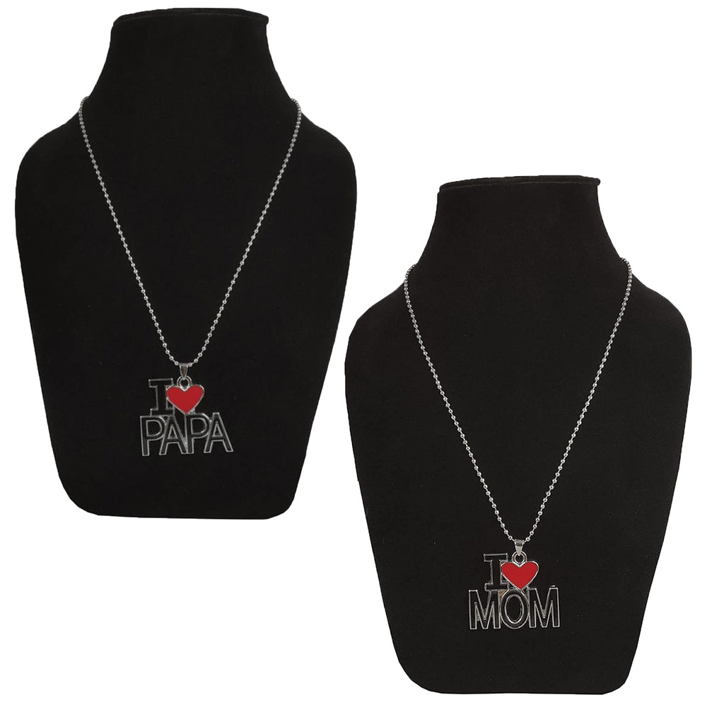 I Love Mom'' & ''I Love Dad'' Letter Heart Meena Enamelled Pendant Combo with Ball Chain