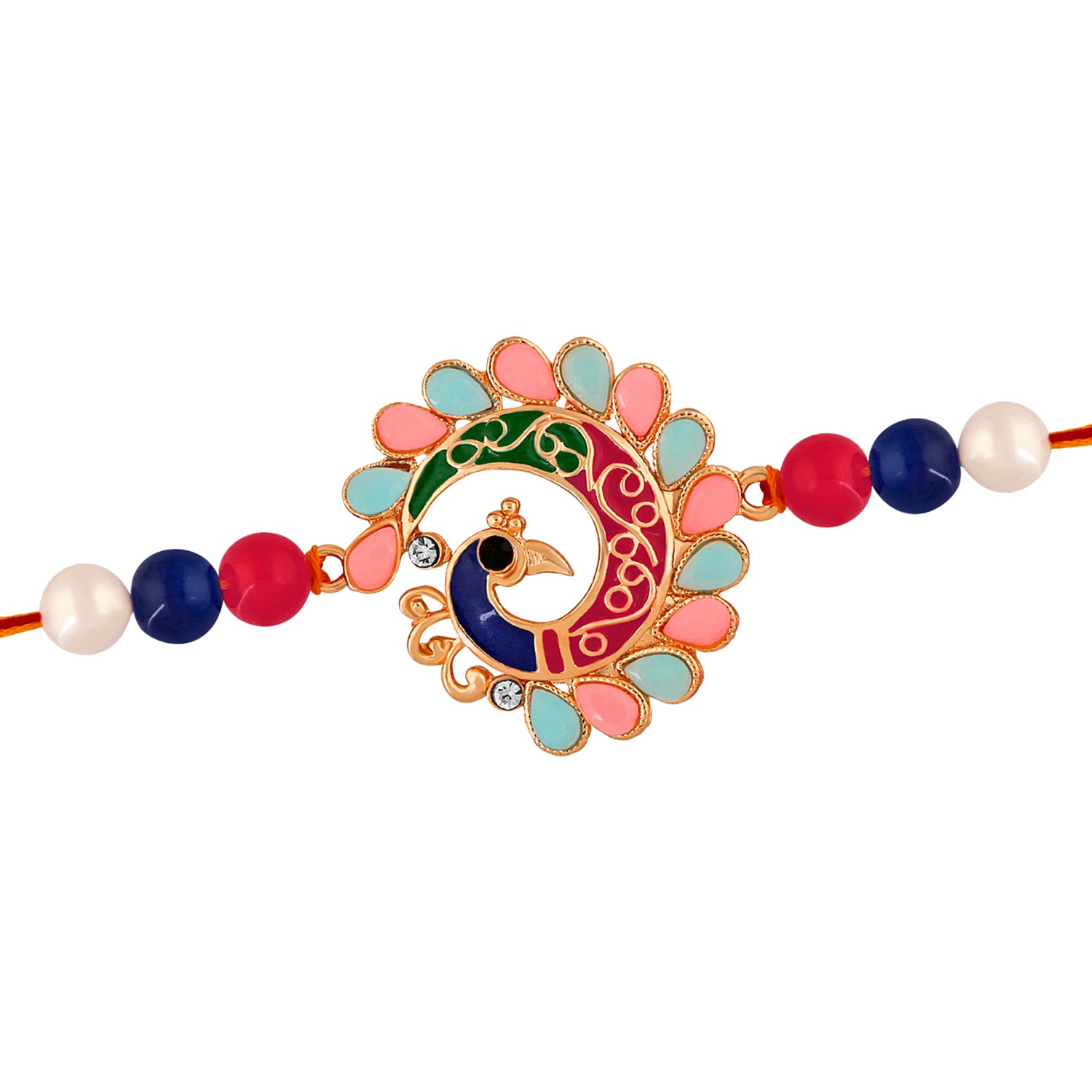 Peacock Delight Rakhi with Multicolor Crystals and Artificial Pearl