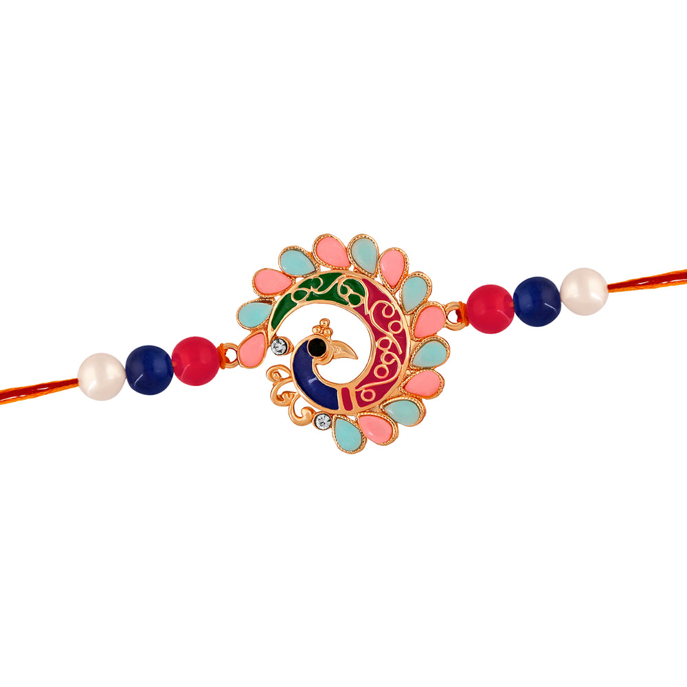 Peacock Delight Rakhi with Multicolor Crystals and Artificial Pearl