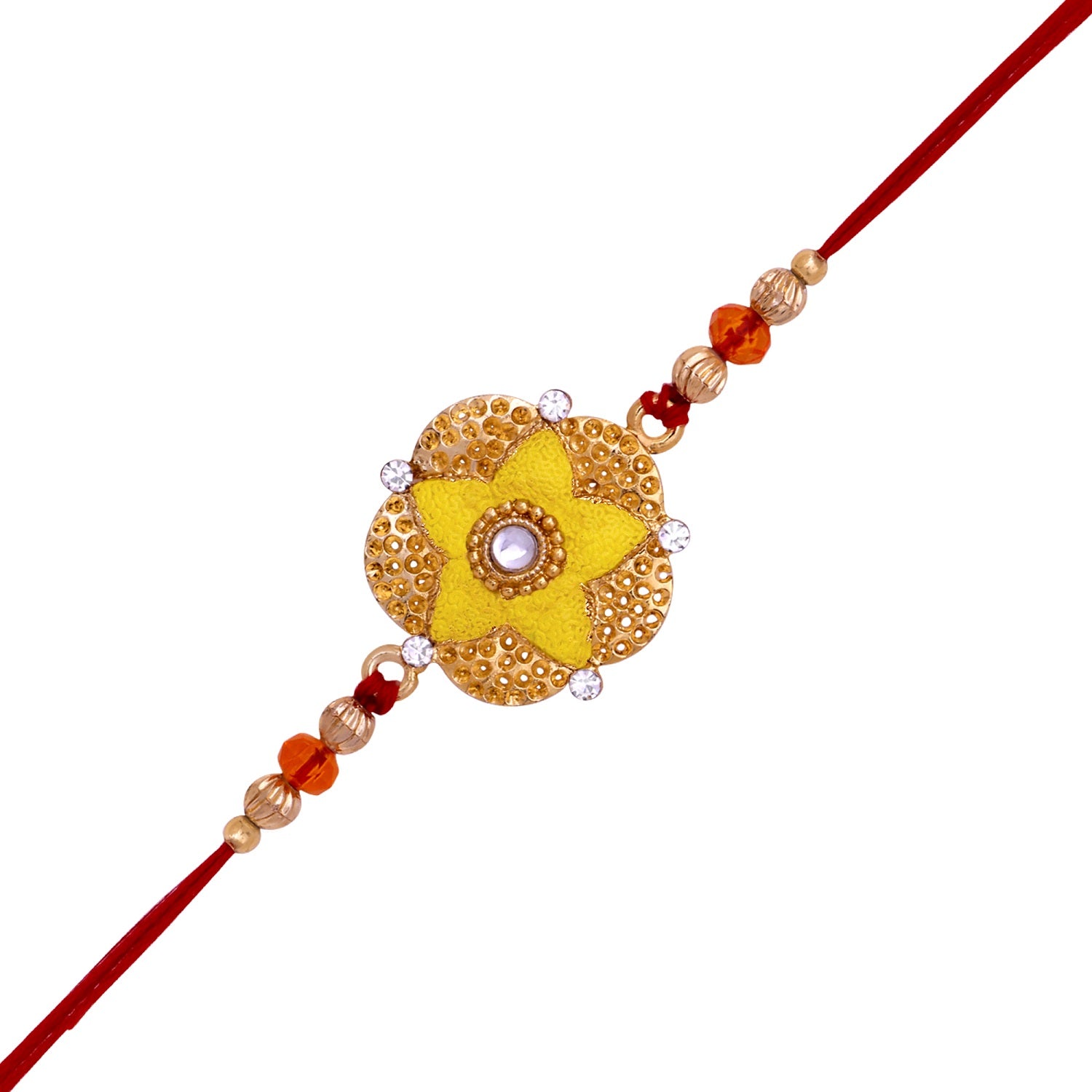 Bright Yellow Meenakari Work Floral Rakhi with White Crystals