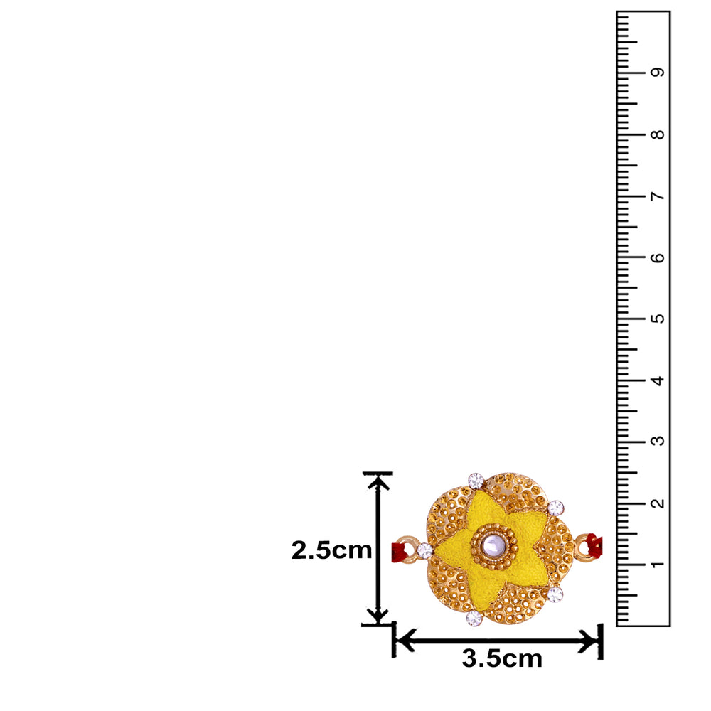 Bright Yellow Meenakari Work Floral Rakhi with White Crystals