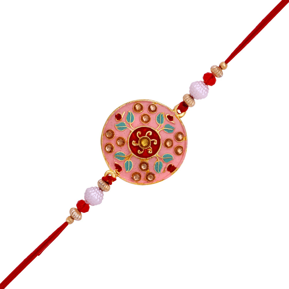 Pink and Green Meenakari Enamel Crysral Rakhi